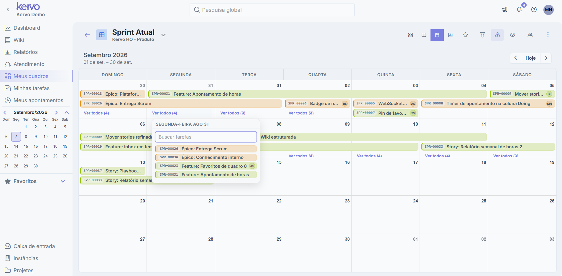 Demo da Kervo — visão de calendário com tarefas organizadas por data